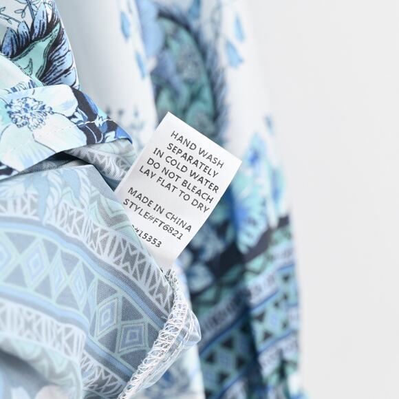 FATE Womens Billow Sleeve Blouse Top Sz S Blue Floral Tie Neck Button Boho Retro - Picture 8 of 12